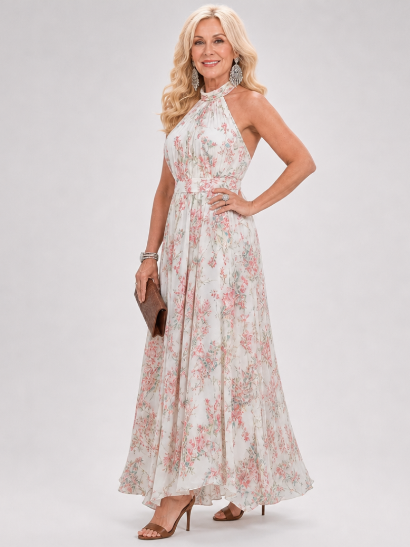 Floral Print Halter Neck Sleeveless Flowing Maxi Dress 5
