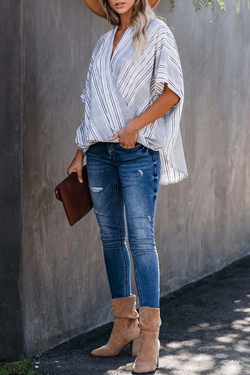 Florcoo Striped Bat Sleeve Casual Tops - Fashionpara