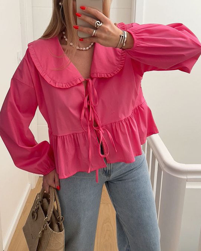 Solid Color Lace-Up Long Sleeve Cardigan Shirt - Fashionpara