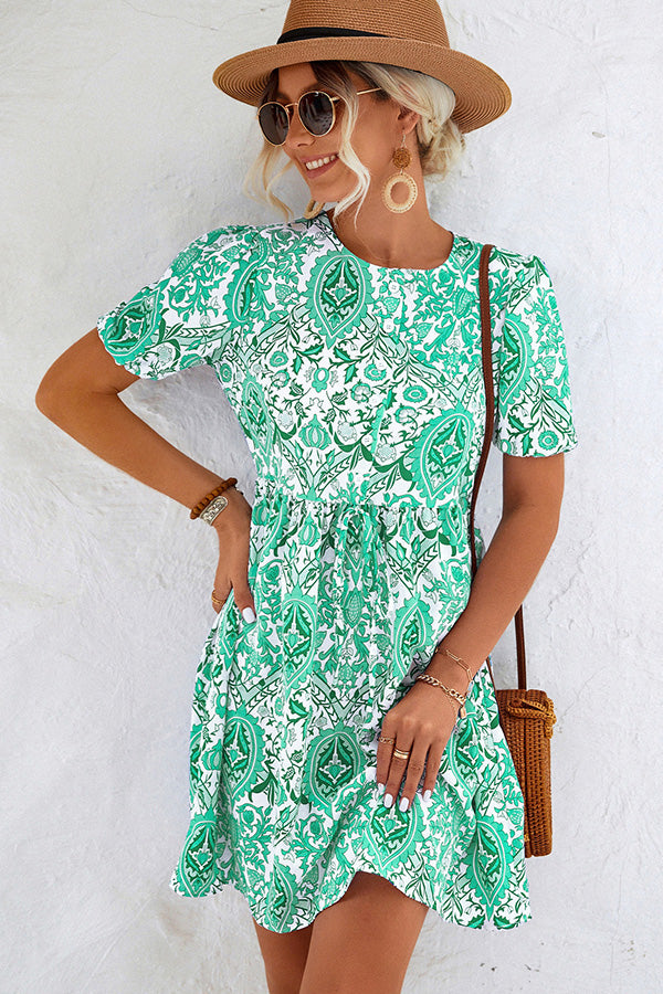 Ruffled Print Round Neck Mini Dress  Fashionpara