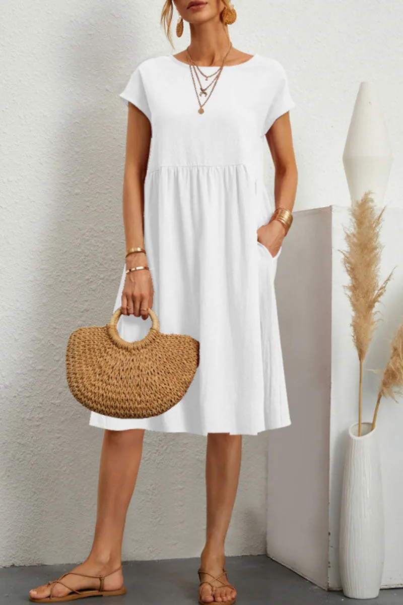 Linen Blend Print A-Line Short Sleeve Midi Dress - View 5