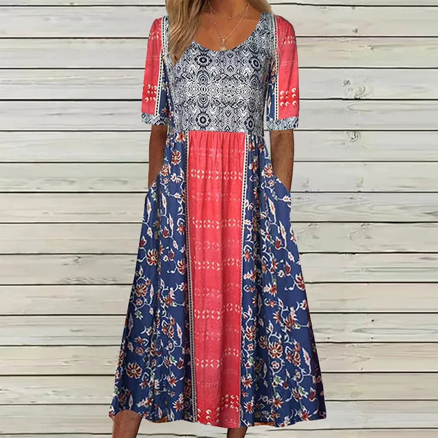Boho Floral Square Neck Short Sleeve Tiered Midi Dress 14