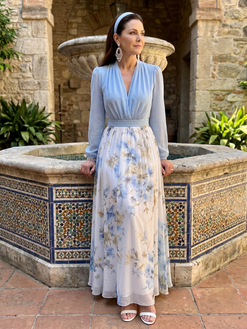 V-Neck Long Sleeve Floral Chiffon Maxi Dress 4