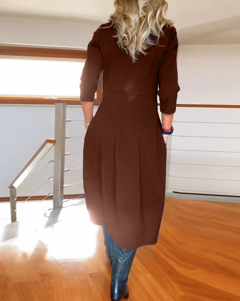 Round Neck Quarter Sleeve Zip Front Sheer Hem Midi Dress 13