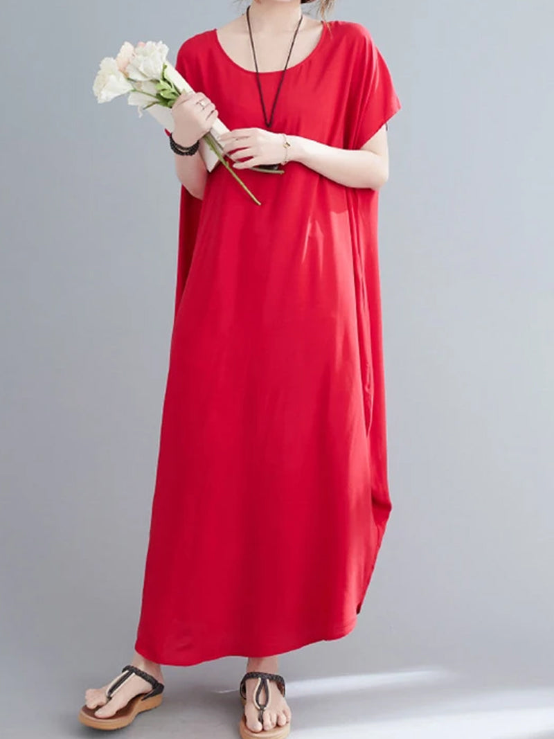 Cotton Round Neck Short Sleeve Cocoon Midi Dress 21