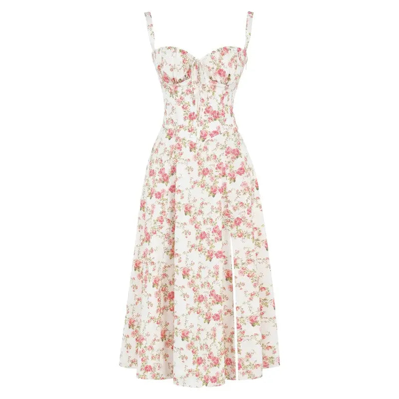 Floral Spaghetti Strap Ruched Fit and Flare Midi Dress - View 4