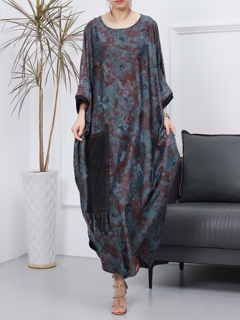 Floral Print Round Neck Batwing Cocoon Maxi Dress 2