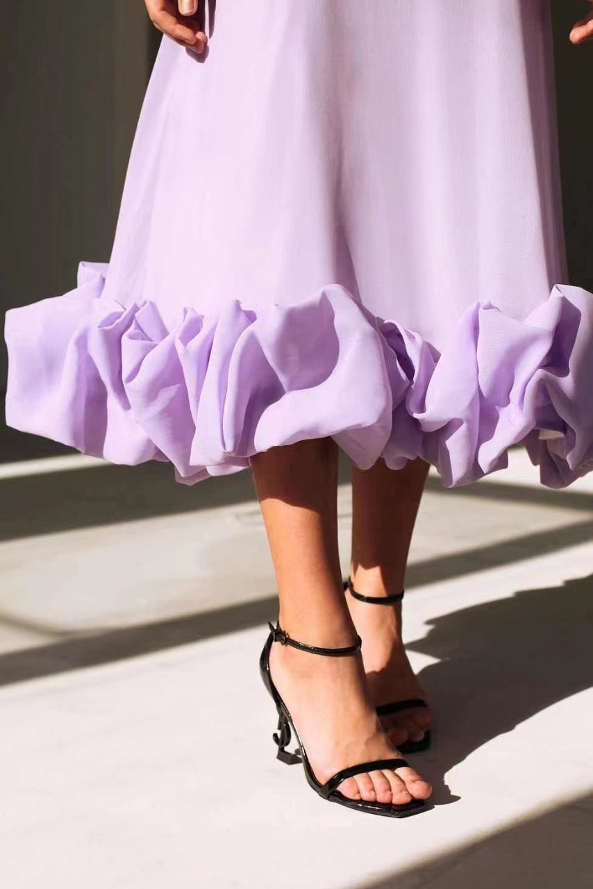 Scoop Neck Spaghetti Strap Ruffle Hem Satin Midi Dress 9