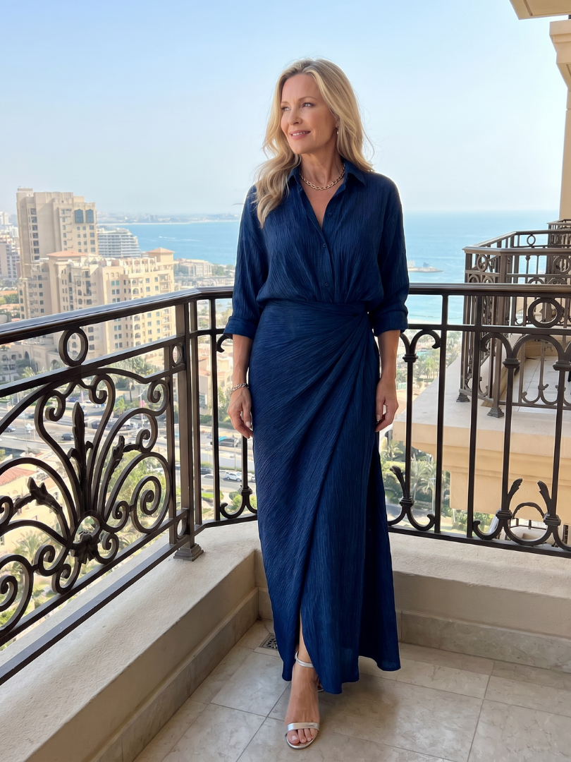 Collared Long Sleeve Wrap Front Maxi Shirt Dress 4