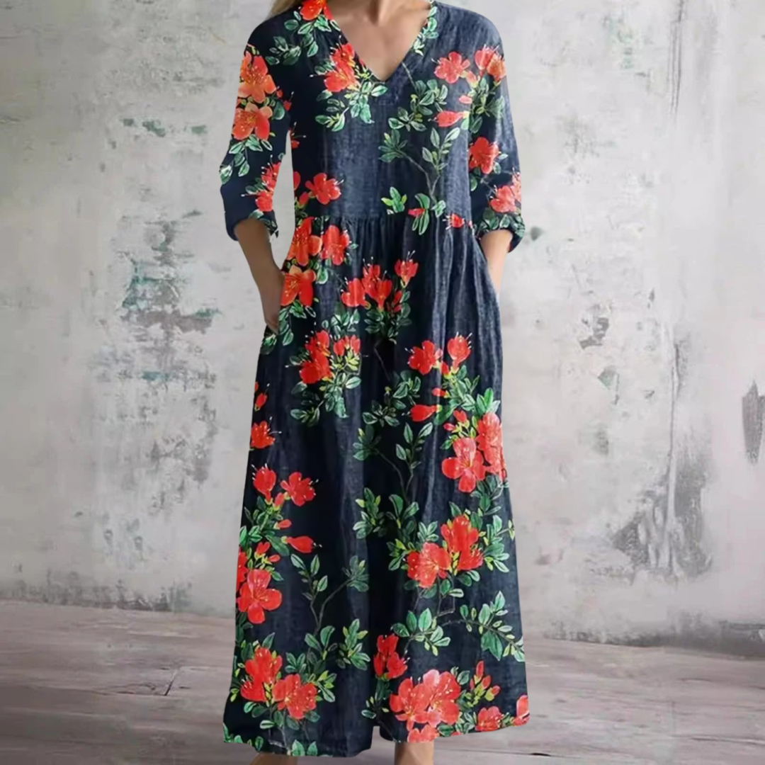Floral V-Neck Long Sleeve Tiered Midi Dress