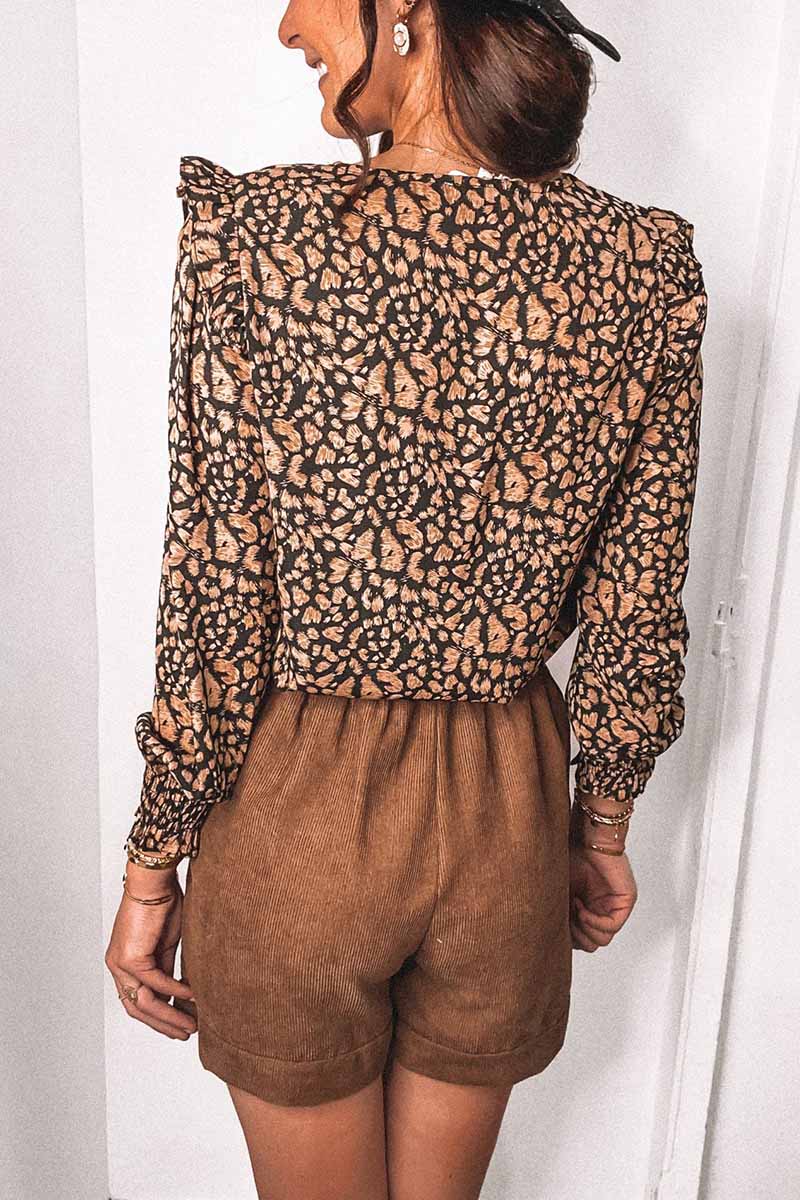 Florcoo V-Neck Spotted Leopard Print Long-Sleeved Shirt