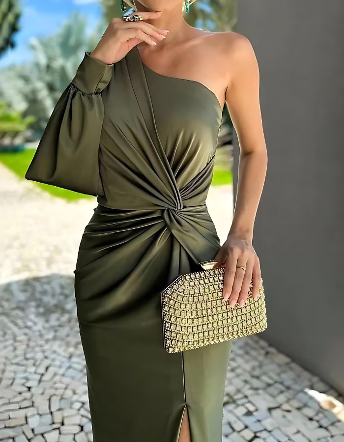 One Shoulder Balloon Sleeve Twist Waist Ruched Bodycon Midi Dress