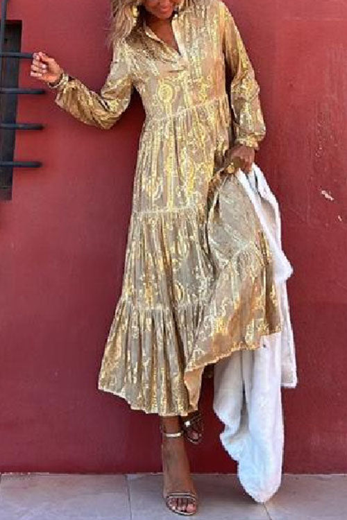 V Neck Unique Printed Ruffle Tiered Midi Dress - Fashionpara