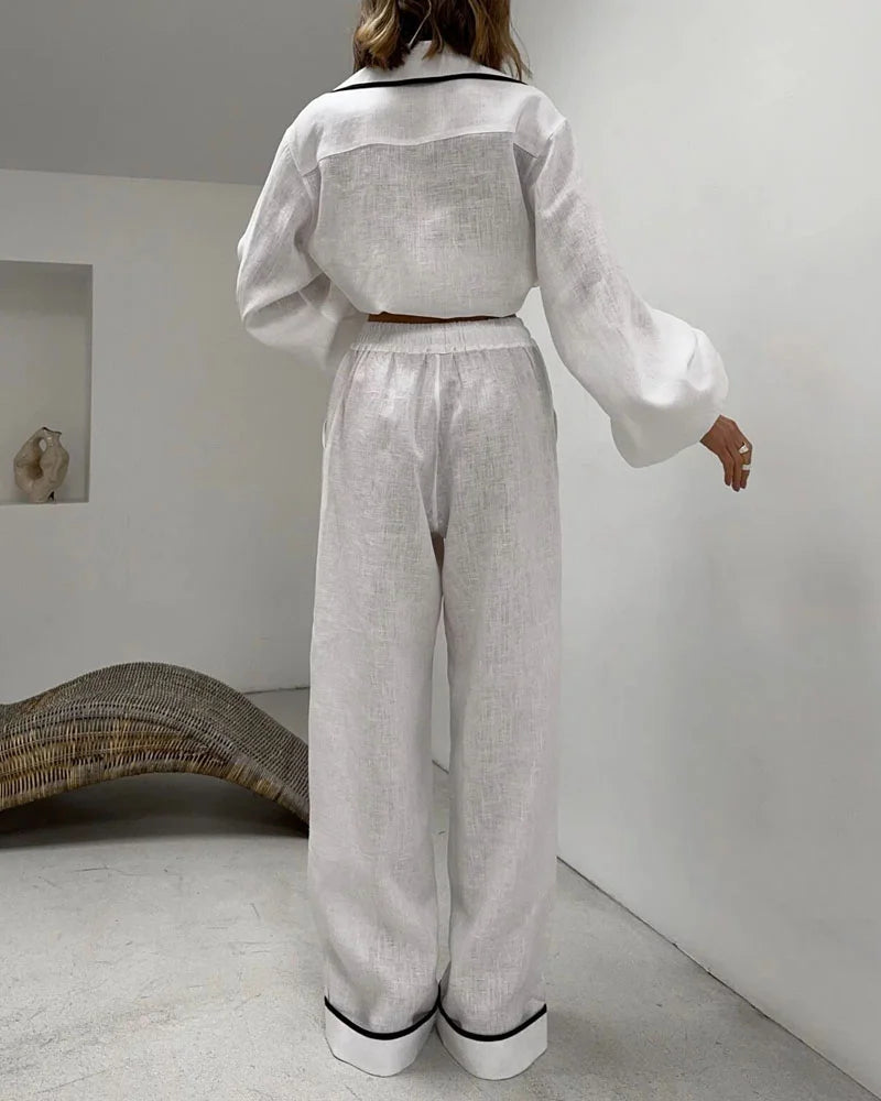 Fashion Contrast Cotton Linen Two-Piece Shirt & Pants Set - Fashionpara