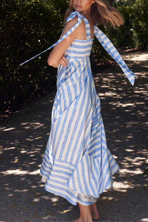 Pocketed Bow Shoulder Striped Swing Maxi Cami Dress - Fashionpara