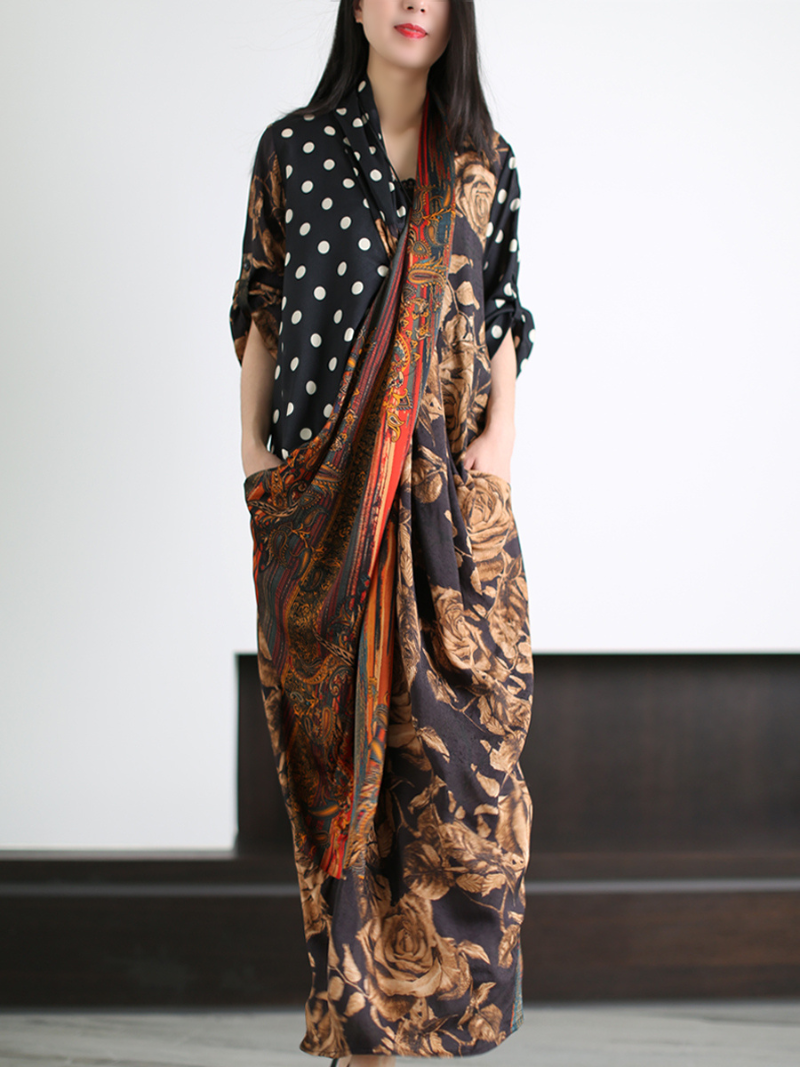 Mixed Floral Print V-Neck Batwing Kaftan Maxi Dress 3
