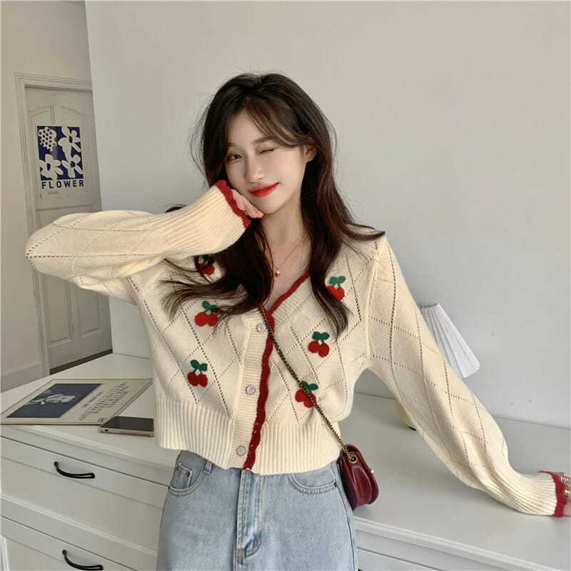 KittenAlarm - V-Neck Elegant Cherry Pattern Cardigan Sweater