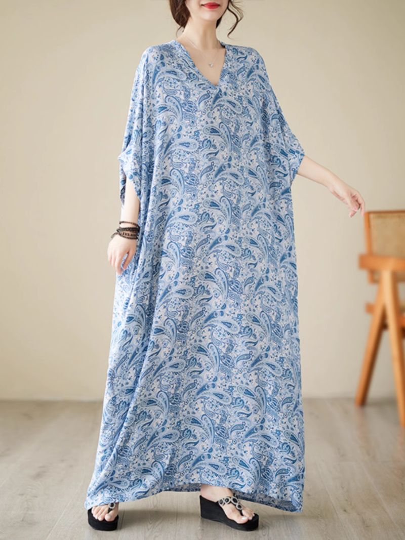 Paisley Print V-Neck Short-Sleeve Kaftan Maxi Dress 2