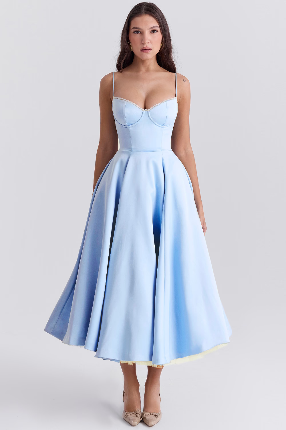 Spaghetti Strap Sweetheart Lace Trim Bustier Box Pleat Full Dress
