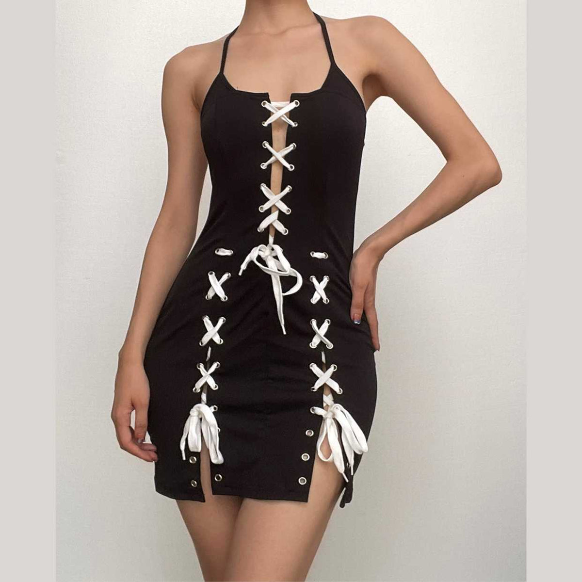 Halter Neck Lace Up Contrast Slit Bodycon Mini Dress