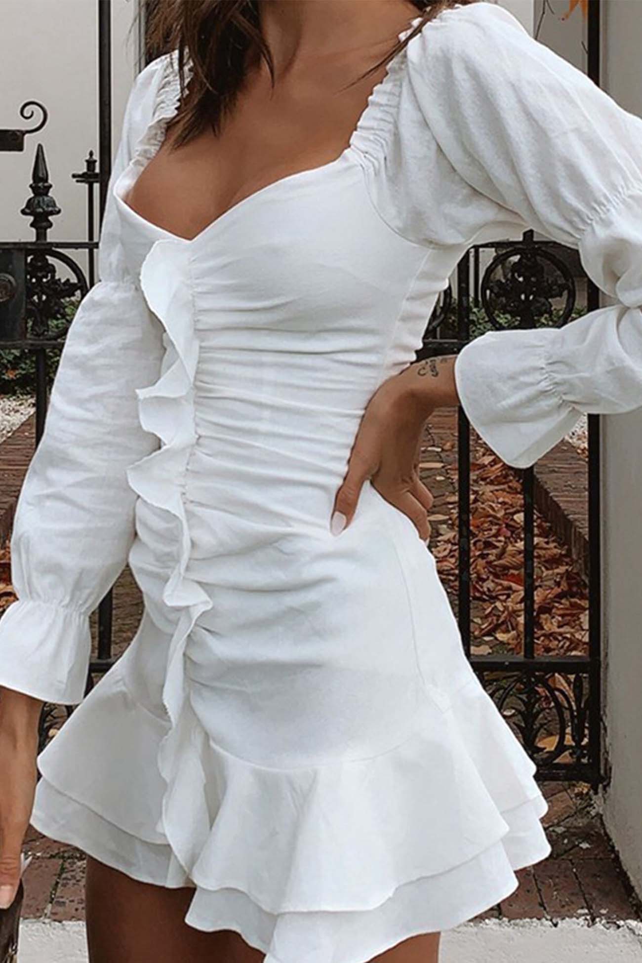 Pleated Balloon Sleeve Mini Dress