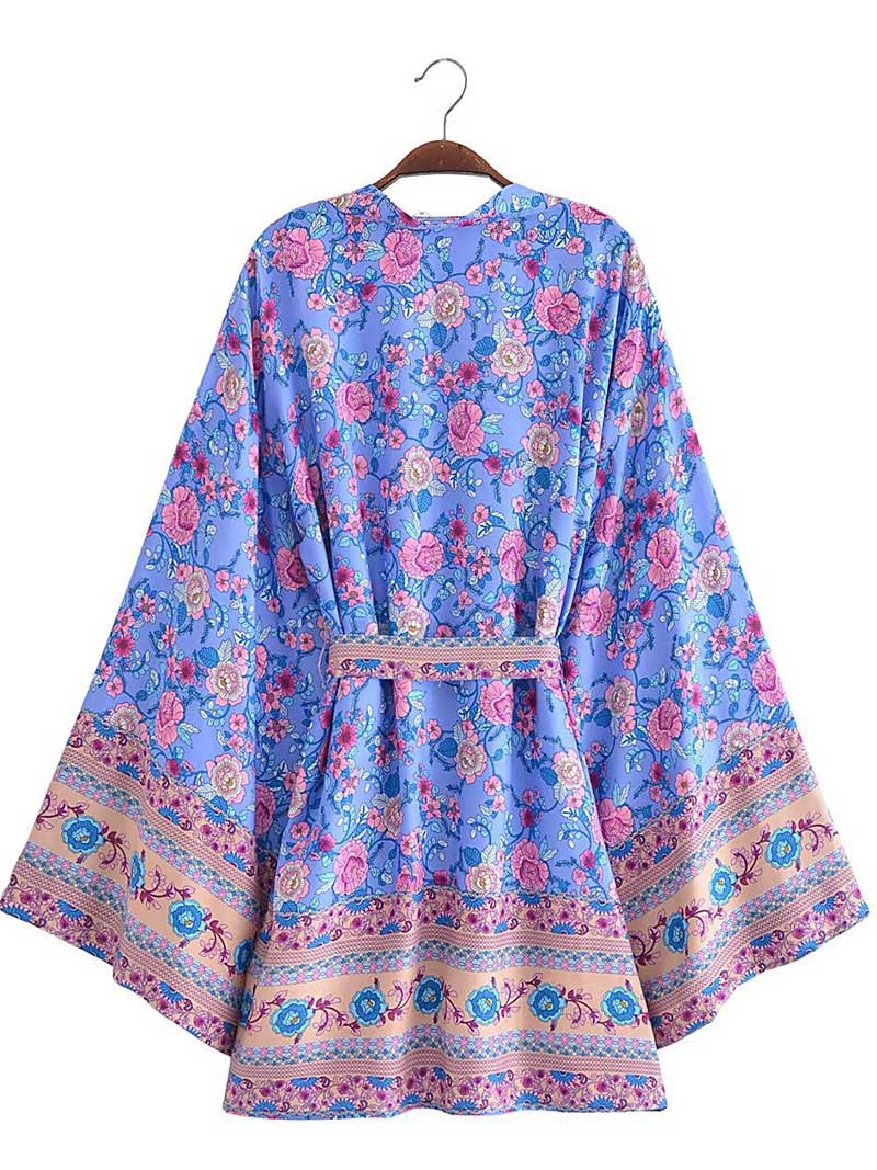 Short Floral Print Purple, Green, & Beige Cotton Short Length Gown Kimono Duster Robe 4