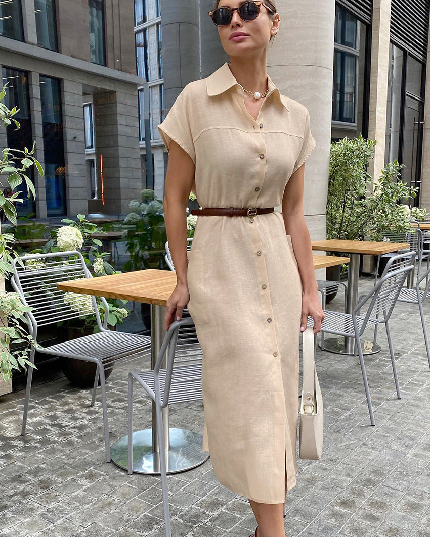 Linen Collared Cap-Sleeve Belted Shirt Midi Dress 2