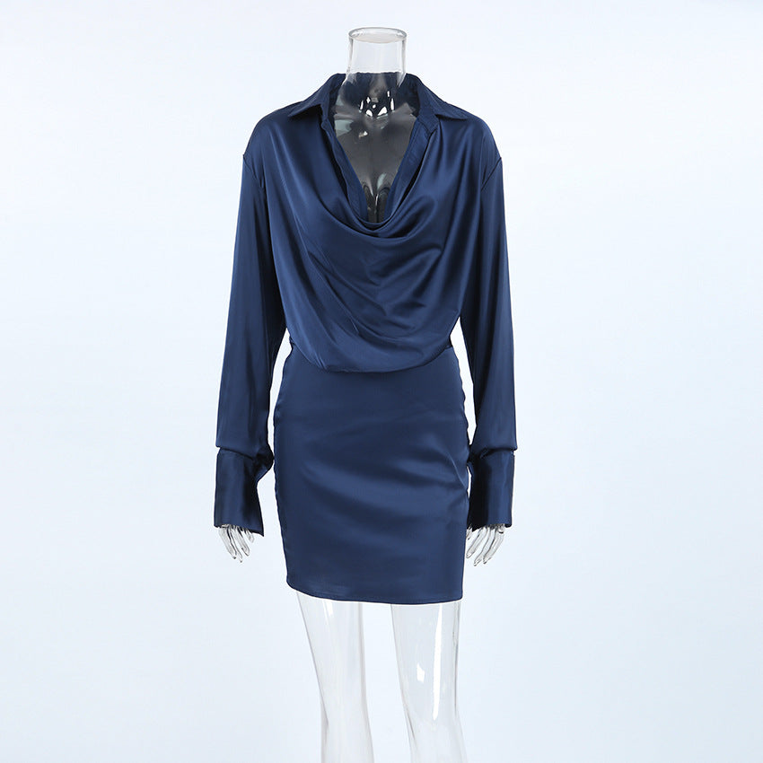 Satin Collared Cowl-Neck Long-Sleeve Mini Dress 4