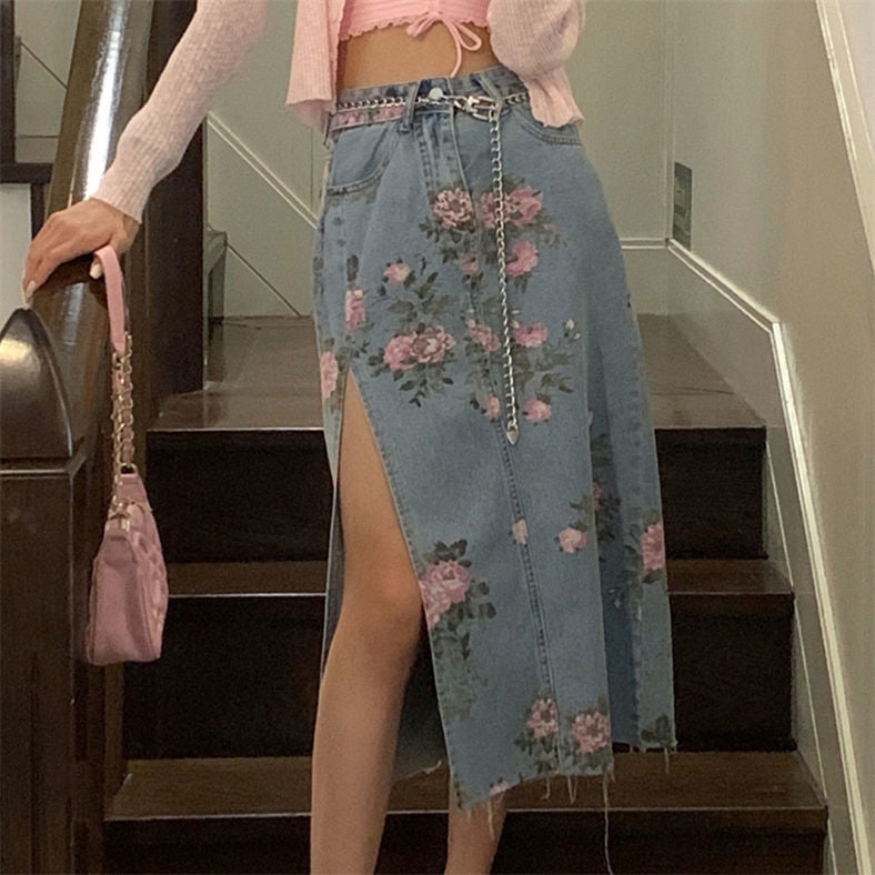 KittenAlarm - Vintage Flowers Sexy Open Long Denim Skirts