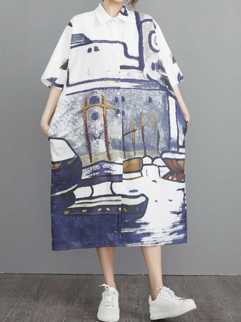 Abstract Art Print Cotton Short Sleeve A-Line Shirt Dress 2