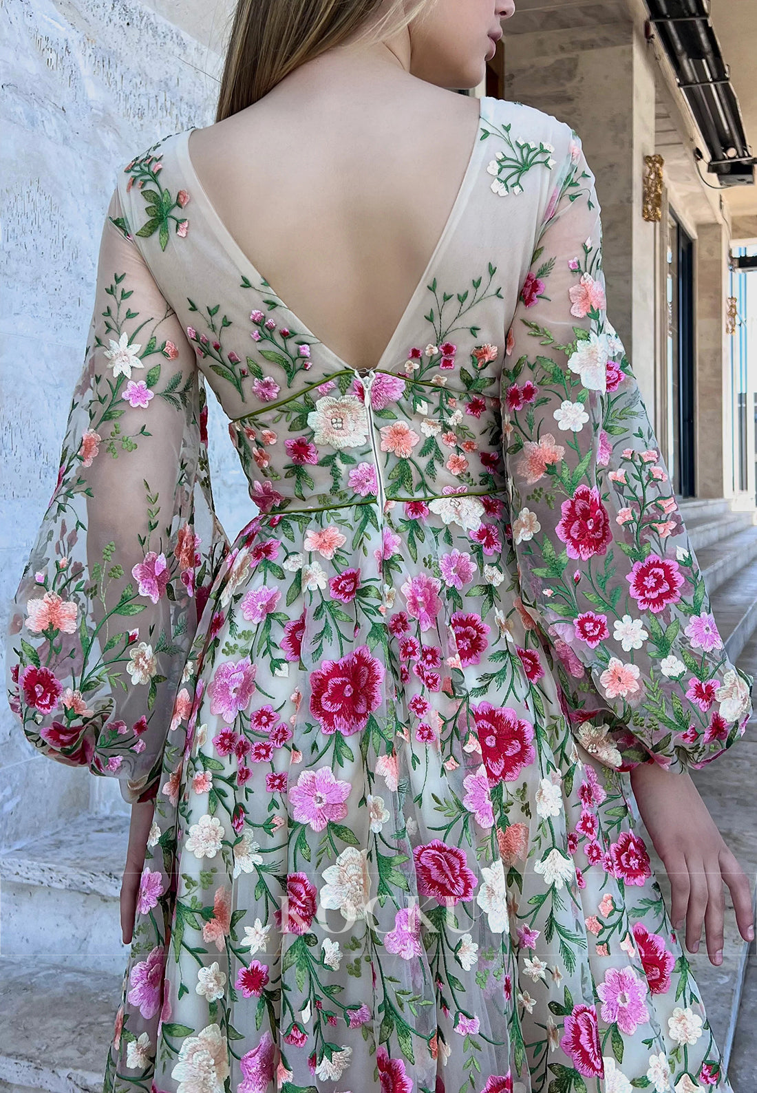 A-Line Long Sleeve V Neck Pleated Floral Embroidered Prom Dresses