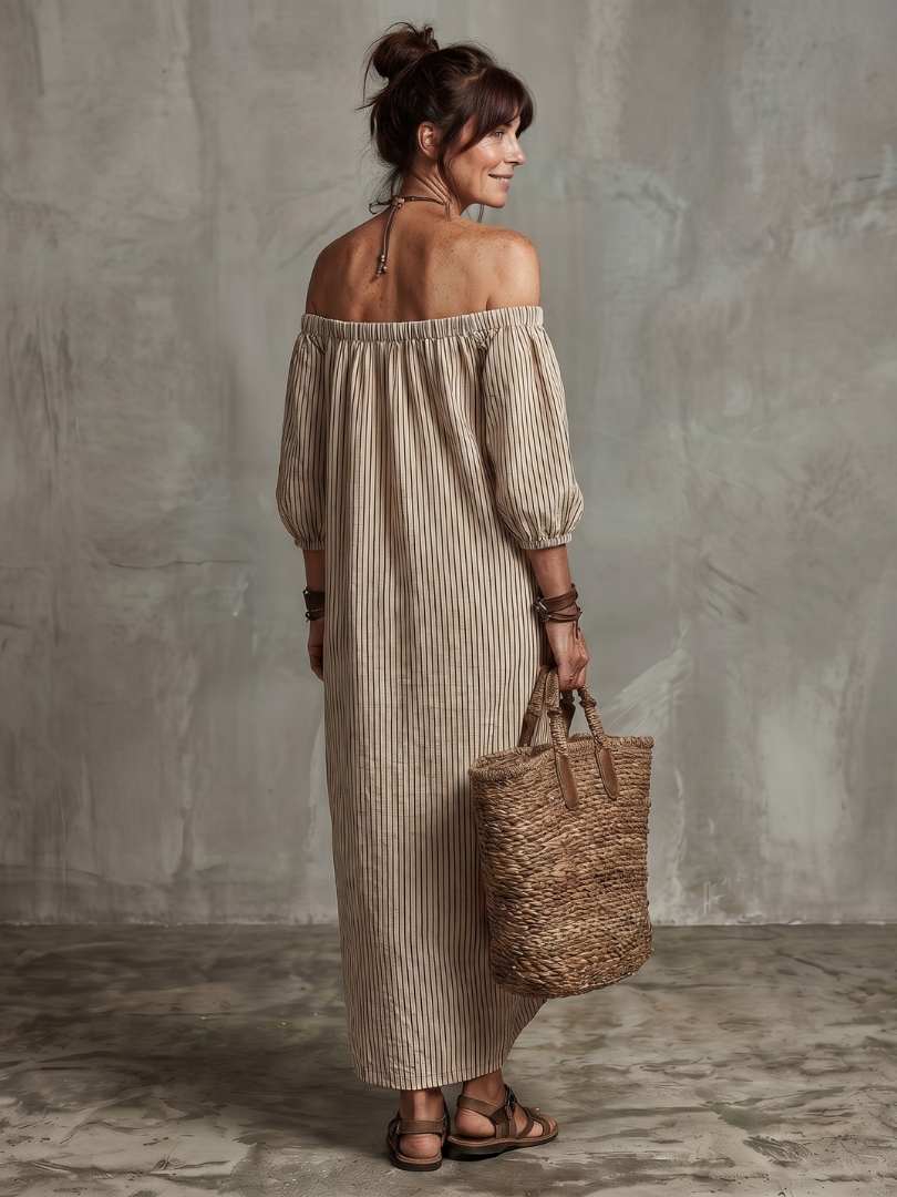 Striped Off Shoulder Puff Sleeve Maxi Dress 4