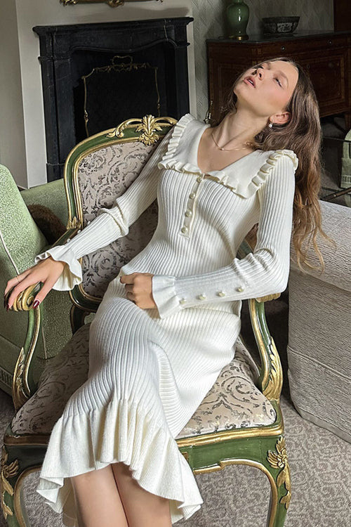 Ribbed Knit Ruffle Collar Button Front Bodycon Midi Dress 5