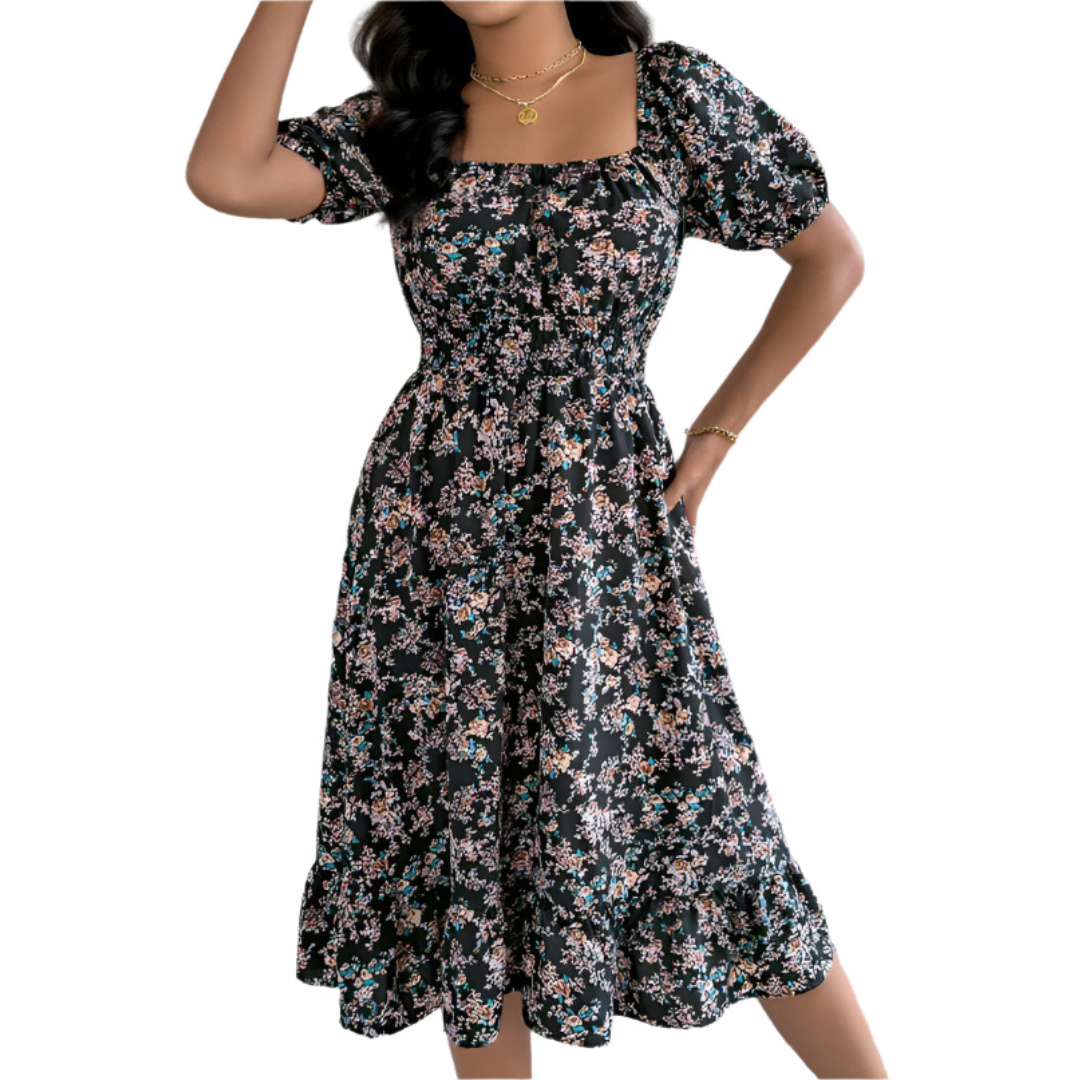 Floral Square Neck Puff Sleeve Smocked Midi Dress 4