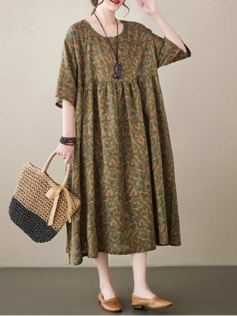 Leaf Print Round Neck Pleated Smock Midi Dress 3