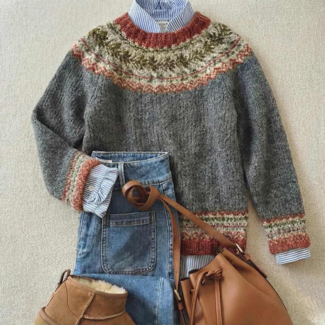 Crew Neck Fair Isle Yoke Knit Sweater