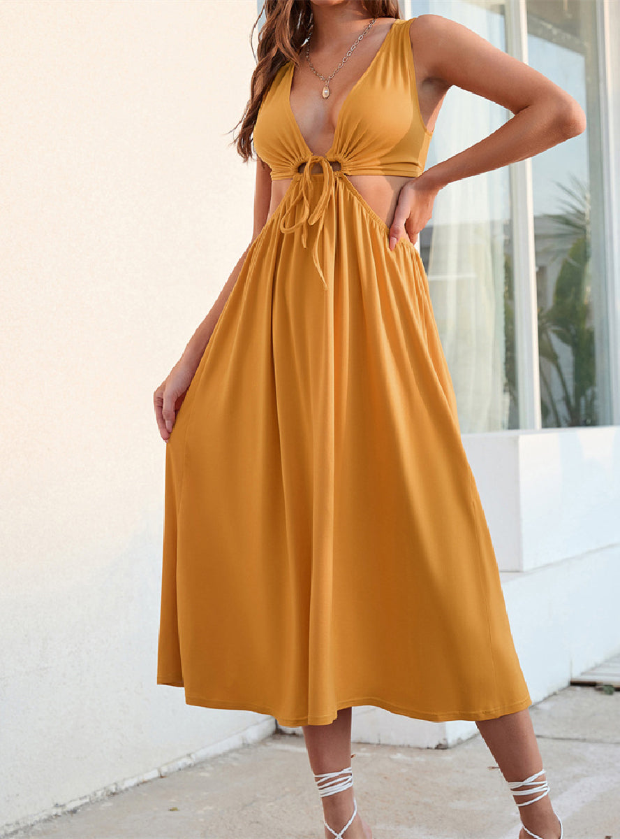 Plunge V-Neck Cut-Out Waist A-Line Midi Dress 4