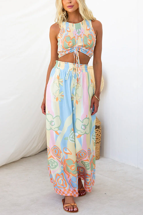 Drawstring Elastic Waist Printed Wide Leg Palazzo Pants - Fashionpara