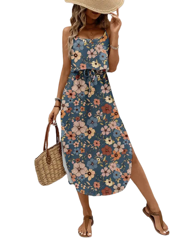 Scoop Neck Layered Split Print Cami Midi Dress 10