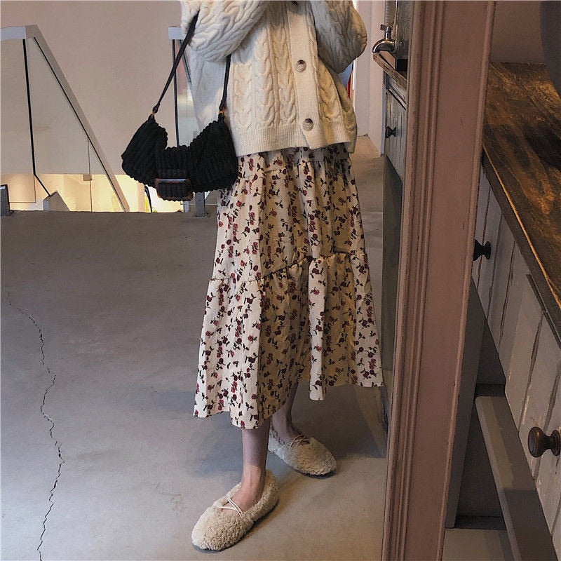KittenAlarm - High Waist A-Line Flower Printed Corduroy Long Skirt
