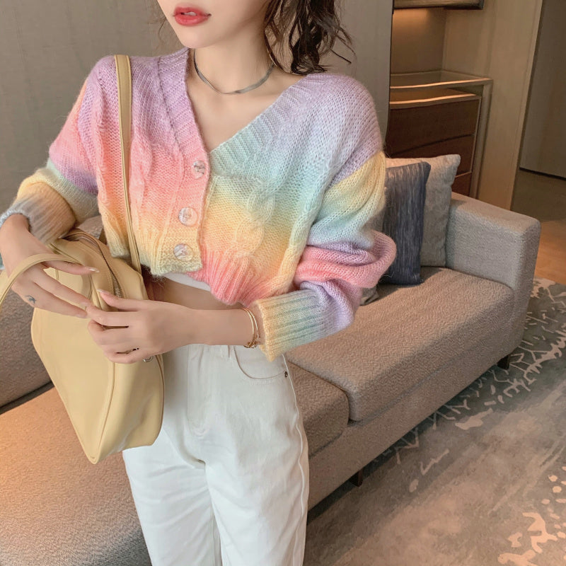 KittenAlarm - Cropped Rainbow Colors Knitted Cardigan Sweater