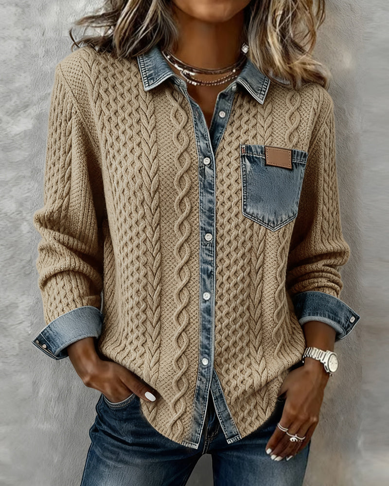 Collared Button Front Cable Knit Denim Contrast Shirt 9