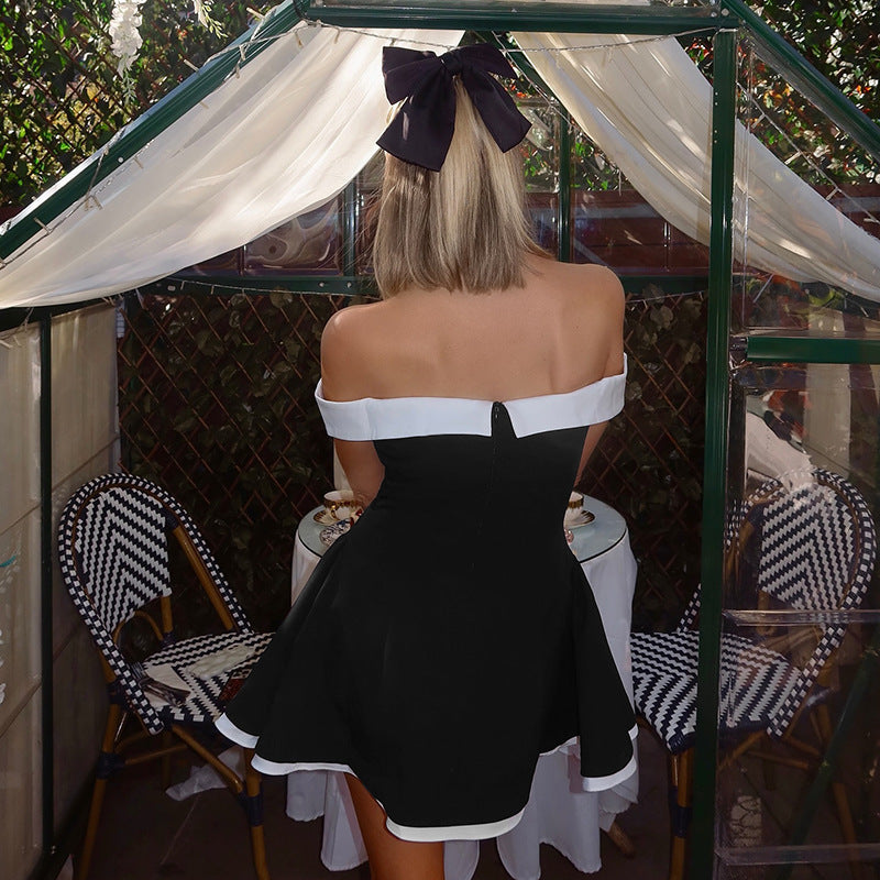Off-Shoulder Sweetheart Contrast Trim Flared Mini Dress 4