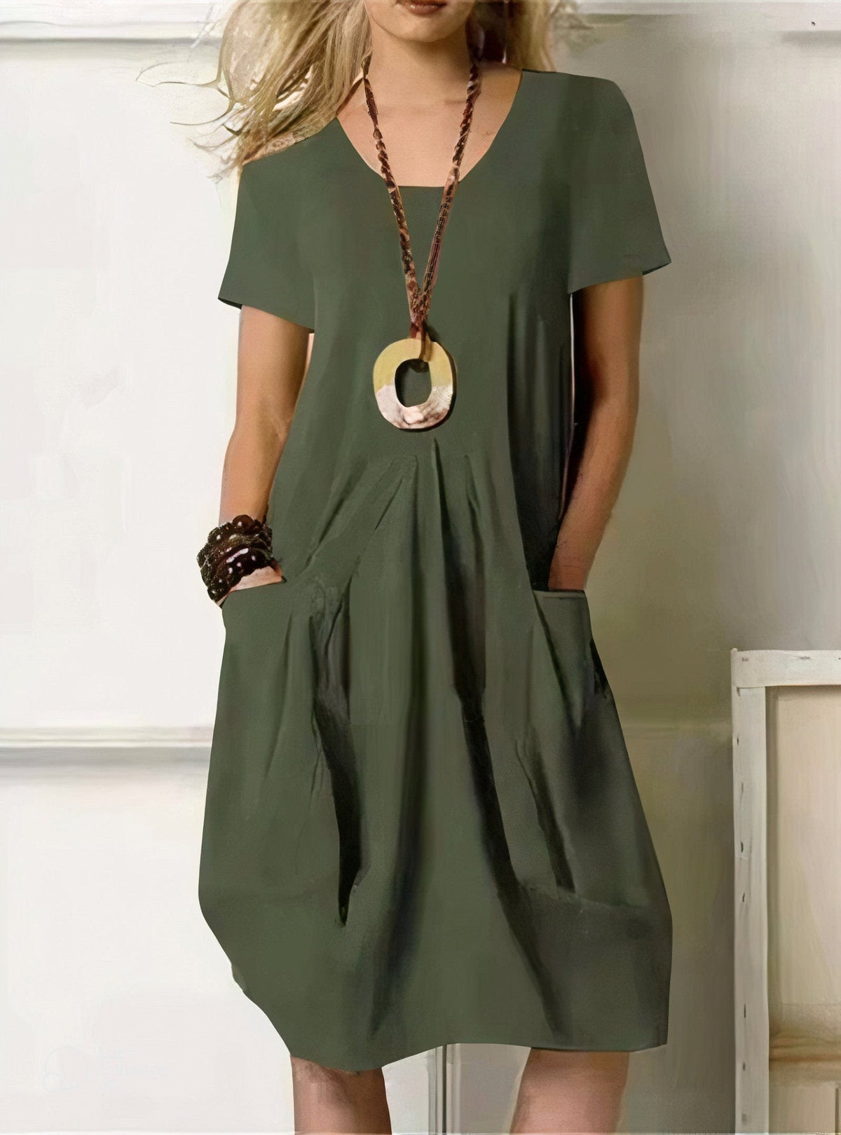V-Neck Short Sleeve Pocket Cocoon Midi Dress 5