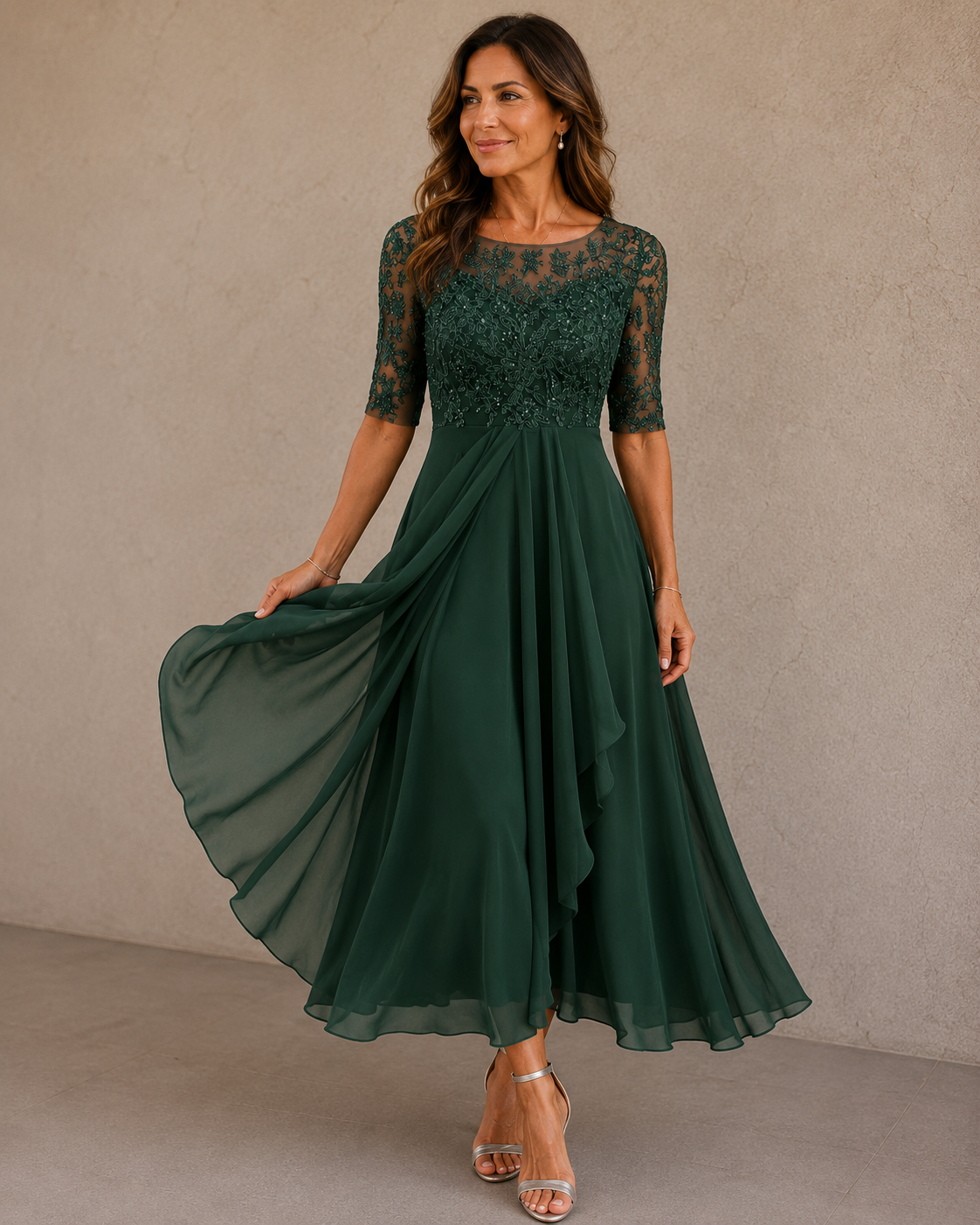 Lace Bodice Round Neck Short Sleeve Chiffon Midi Dress 4