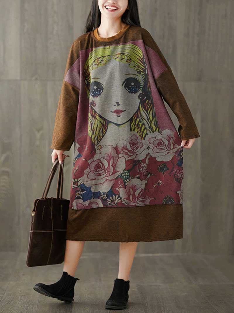 Give Me a Memory Round Neck Cartoon Sweater Midi Dress - Fashionpara