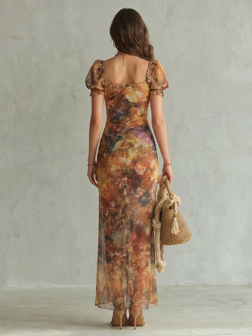 Floral Sweetheart Puff Sleeve Ruched High Split Midi Dress 4