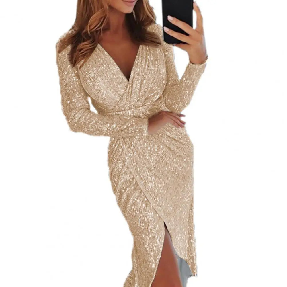 Sequin Deep V-Neck Long Sleeve Ruched Wrap Slit Midi Dress - View 4