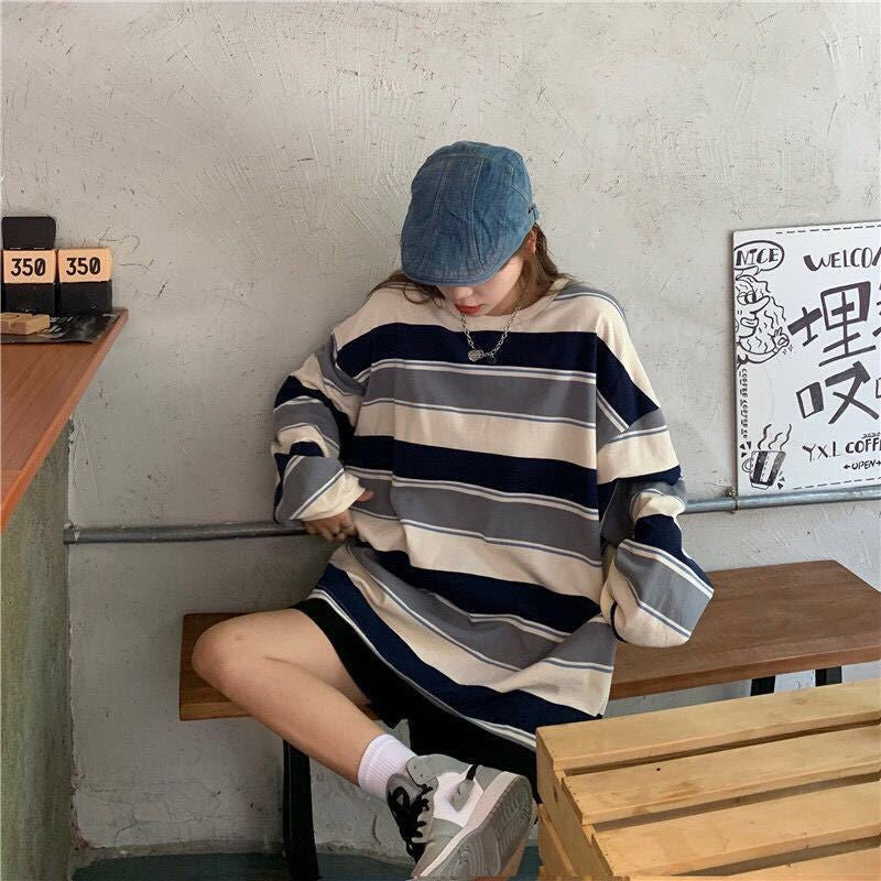 KittenAlarm - Long Sleeve Colors Striped Casual Sweatshirt
