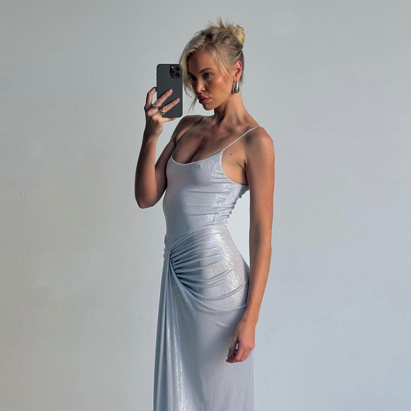 Shimmer Scoop-Neck Spaghetti-Strap Ruched Maxi Dress 4